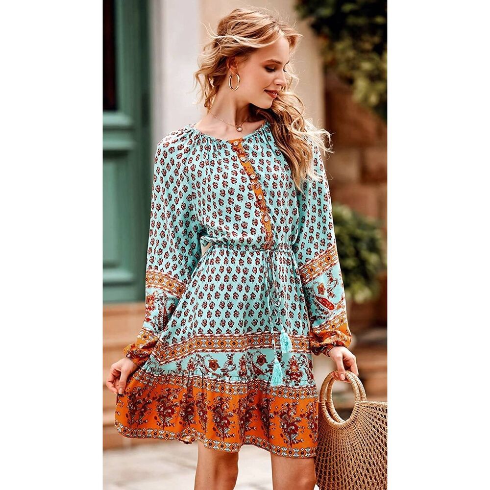 Boho Dress Mini Floral Retro Long Sleeve Tassels Size Small